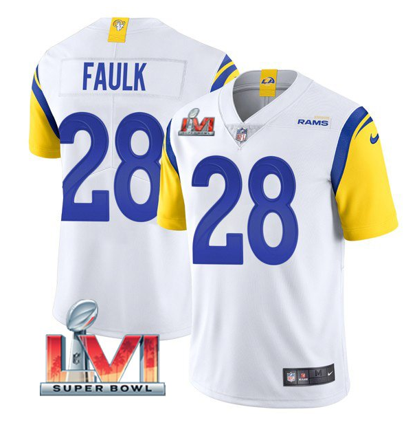 Men's Los Angeles Rams #28 Marshall Faulk 2022 White Super Bowl LVI Vapor Limited Stitched Jerse